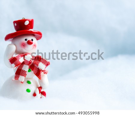 Merry Christmas! Christmas Greeting Card Template with Festive Snowman with a Red Hat, Snowman Waving Hand on White Snow Background, Christmas and New Year Greeting Cards, Christmas Gift Tag