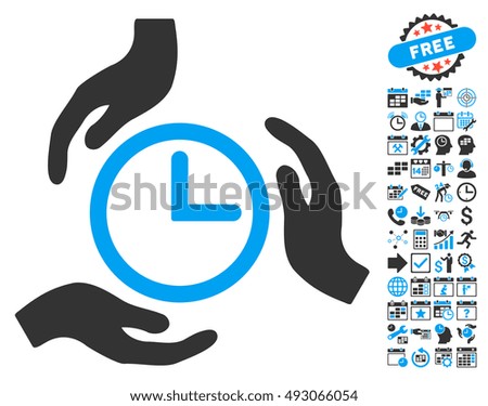Time Care Hands pictograph with bonus calendar and time management pictures. Vector illustration style is flat iconic bicolor symbols, blue and gray colors, white background.