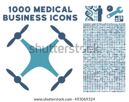 Quadcopter icon with 1000 medical business cyan and blue vector design elements. Design style is flat bicolor symbols, white background.
