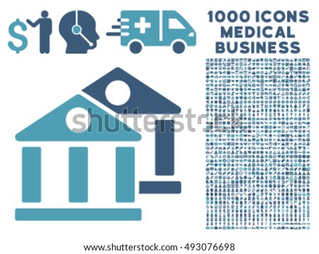 Banks icon with 1000 medical business cyan and blue vector design elements. Set style is flat bicolor symbols, white background.