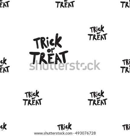 Halloween seamless pattern with trick or treat slogan. Beautiful vector background for decoration halloween designs. Cute minimalistic art elements on white backdrop.