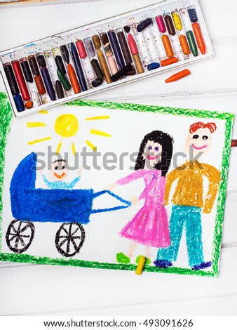 Colorful drawing: Happy parents with a baby in a stroller