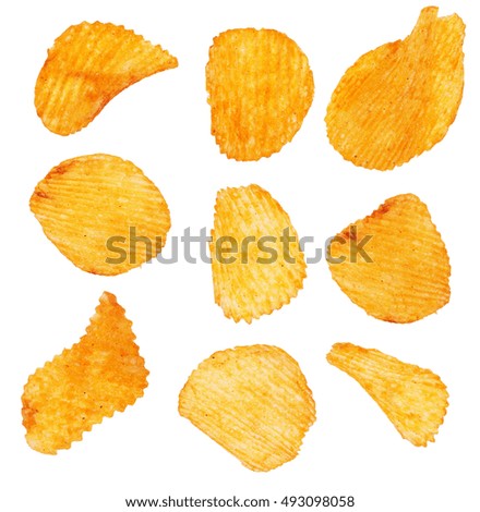potato chips in the air on an isolated white background