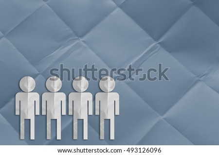 Crumpled fold white paper sheet background with group of man paper cut