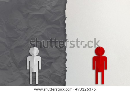 RED AND WHITE MEN PAPER CUT WITH separates two different Crumpled fold white paper sheet background