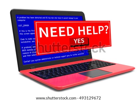 3D Illustration business laptop or office notebook computer PC with OS critical error message on blue screen ask need help ? isolated on white background