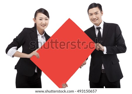 Business people with red cardboard