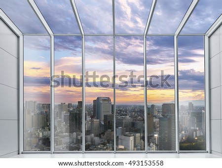 Tokyo Skyline, Cityscape of Tokyo City, Japan - Tokyo is the world's most populous metropolis at twilight sunset looking pass from Aluminum window with glass frame  in luxury hotel, tokyo, japan