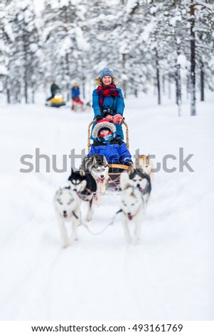 Husky dogs are pulling sledge with family at winter forest in Lapland Finland