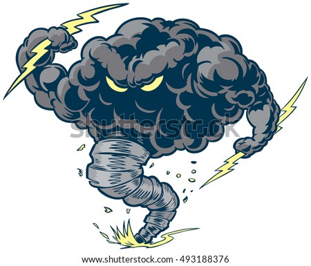 Vector cartoon clip art illustration of a tough thundercloud or storm cloud mascot with lightning bolts and a tornado funnel kicking up dust and debris. Royalty-Free Stock Photo #493188376