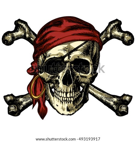 Pirate skull and crossbones bandana and an earring on a blank background Royalty-Free Stock Photo #493193917