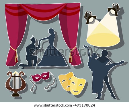 Set of theatre acting performance icons, drama, comedy, curtain and mask, tragedy. Vector illustration