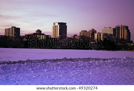 Apartment buildings along Lake Michigan in Milwaukee, Wisconsin. Sunset time.