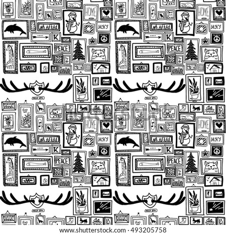 Stylish seamless pattern with frame. paintings, and antlers. Drawing by hand in a Scandinavian style. Funny detailed drawing.