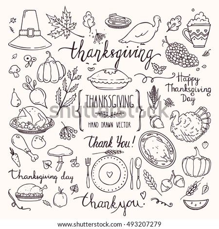 Thanksgiving traditional symbols in doodle style. Collection of cute hand drawn design elements for greeting card, invitation, poster templates: food and drink, pumpkin pie, turkey, corn, lettering.