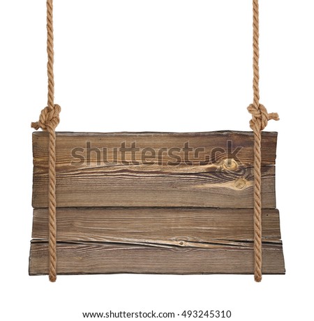 Wooden signboard hanging on ropes isolated on white