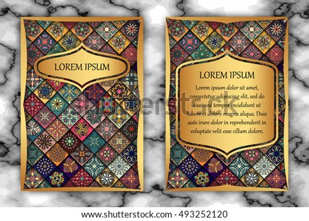 Vintage card with tribal tile patchwork abstract pattern and ornaments. Vector Flyer ethnic design Layout template. Front page and back page. Indian, chinese, moroccan, aztec, ottoman motifs.