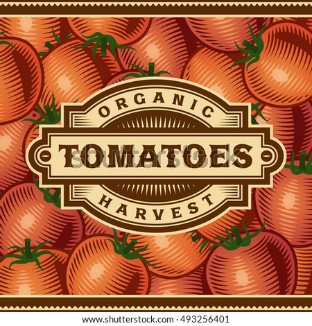 Retro Tomato Harvest Label. Editable vector illustration in woodcut style with clipping mask.
