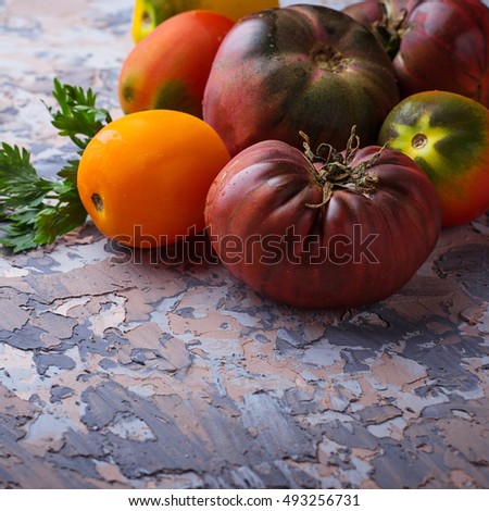 Different sort of tomato on concrete background. Selective focus, square image