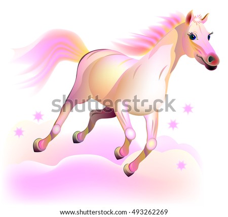 Illustration of fantasy fairyland pink horse running in the clouds. Vector cartoon image. Royalty-Free Stock Photo #493262269