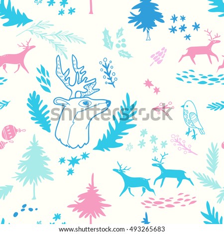 Happy New Year texture. Vector seamless pattern with Christmas symbols. Hand drawn illustration with deer, bird, firs and floral elements. Doodle style