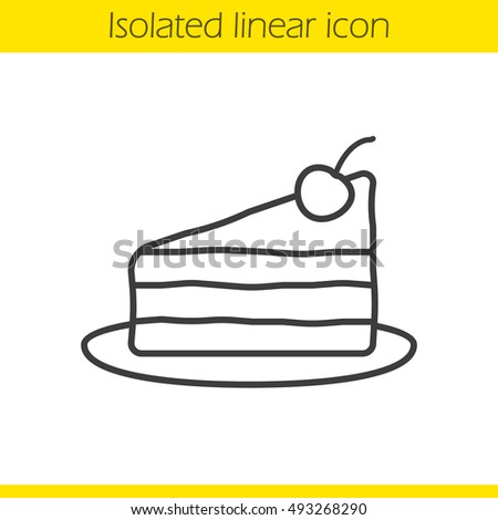 Piece of cake with cherry on plate linear icon. Thin line illustration. Contour symbol. Vector isolated outline drawing