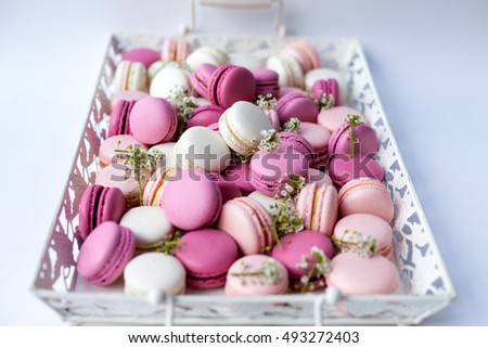 White tray full of colorful macarons shades of pink. Natural light. Selective focus. White background.