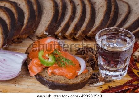 Delicious salmon sandwich with vodka
