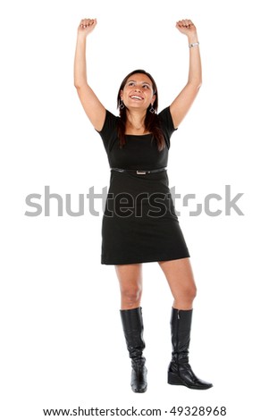 Successful business woman portrait smiling with her arms up over a white background