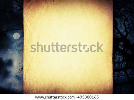 Halloween background. Empty beige grunge old paper sheet on scary forest and full moon view. Halloween design template.