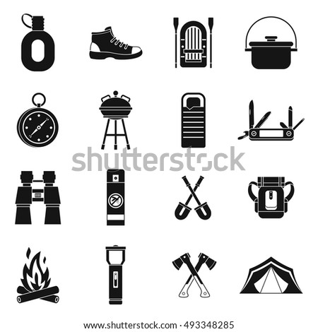 Recreation tourism icons set in simple style. Camping equipment set collection vector illustration