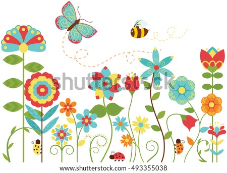 Happiness Blooms / Flowers Ladybug Butterfly and Bee