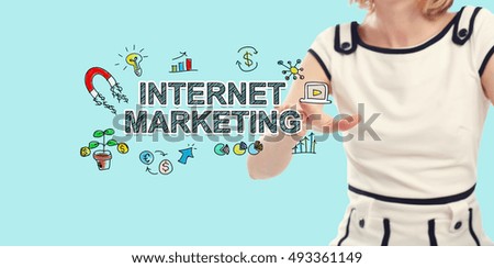 Internet Marketing concept with young woman on a blue background
