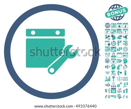 Calendar Page Tuning Wrench icon with bonus calendar and time management clip art. Vector illustration style is flat iconic bicolor symbols, cobalt and cyan colors, white background.