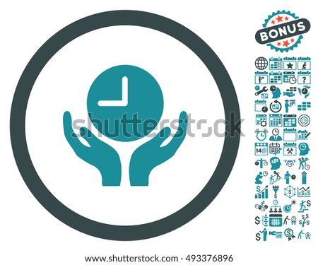 Clock Care Hands pictograph with bonus calendar and time management graphic icons. Vector illustration style is flat iconic bicolor symbols, soft blue colors, white background.