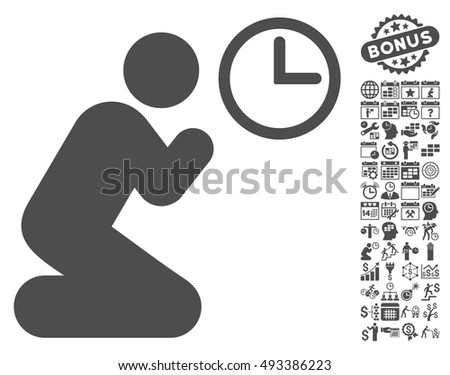 Pray Time icon with bonus calendar and time management pictures. Vector illustration style is flat iconic symbols, gray color, white background.