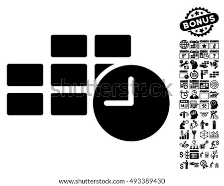 Date Time icon with bonus calendar and time management clip art. Vector illustration style is flat iconic symbols, black color, white background.