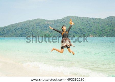 this is the happiness emotion so jumping is the body language to show. This person is jumping at the seashore.