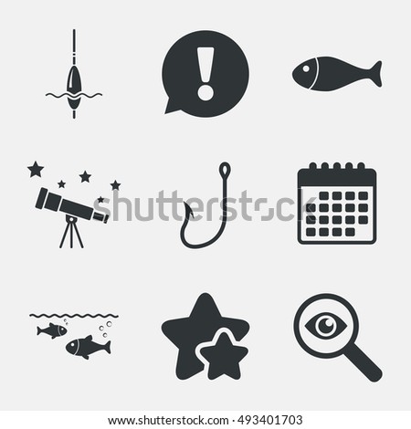 Fishing icons. Fish with fishermen hook sign. Float bobber symbol. Attention, investigate and stars icons. Telescope and calendar signs. Vector