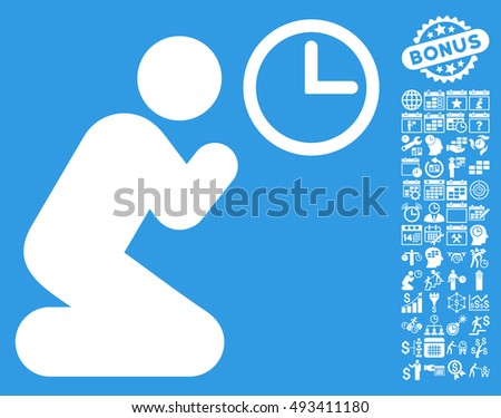 Pray Time pictograph with bonus calendar and time management icon set. Vector illustration style is flat iconic symbols, white color, blue background.