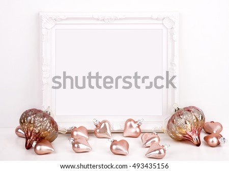 Christmas mockup styled stock photography with white ornate frame and pink baubles for your own business message, promotion, headline, or design, lifestyle bloggers and social media campaigns