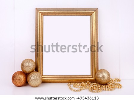 Christmas mockup styled stock photography with gold frame and gold glitter baubles, space for your quote, promotion, headline, or design, great for blogging and social media