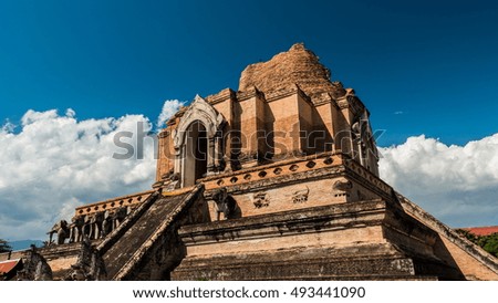 The temple wat Chedi Luang in Chiang Mai, Thailand. Big and beautiful ruins of ancient architecture in Thailand. Beautiful travel picture of Asia.