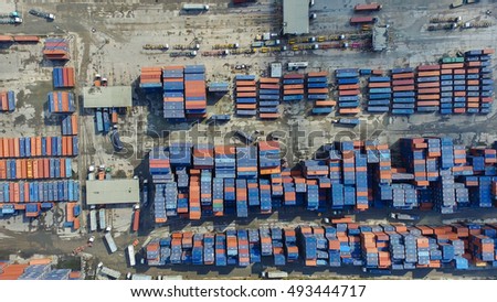 Aerial view of cargo containers piled together