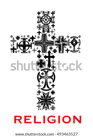 Cross black silhouette, composed of christian, celt, catholic and orthodox religious symbols, crosses and crucifix. Religion, church and faith themes design