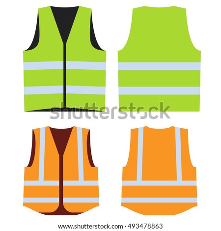 Road vest for safe work. Safety clothing with reflective stripes. Vector illustration. Front and back side. Orange and green isolated security waistcoats. Template for fashion design. Royalty-Free Stock Photo #493478863