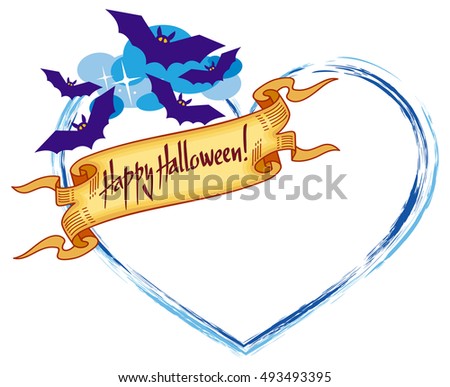 Heart shaped frame with flying bats and artistic written text:"Happy Halloween!". Halloween background for greeting cards, invitations, prints.Vector clip art.