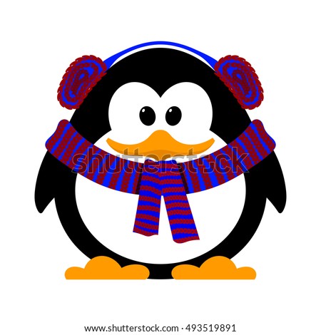 Little cute penguin on a white background. Vector illustration of a baby penguin in hat and blue with warm earmuffs, scarf on the neck. Isolate. Fauna of the Antarctic. Symbol of winter, Cartoon 