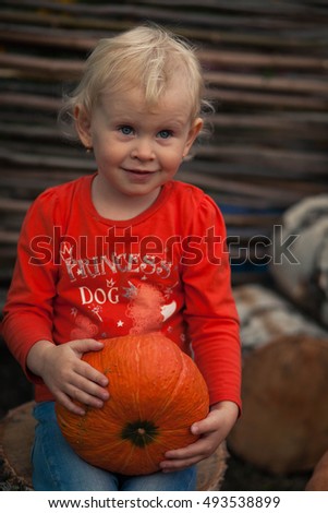 Girl sitting on a stump, holding a pumpkin on a background of birch stumps and sunflower