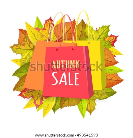 Autumn sale. Color shopping paper bags with text and fallen leaves behind isolated on white background flat vector illustration. For seasonal sales and discount promotions, stores and boutiques ad
